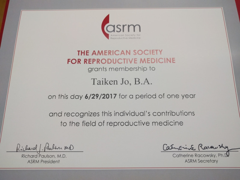 最新の生殖医学を学ぶため、アメリカ生殖医学会（ASRM）の会員になりました